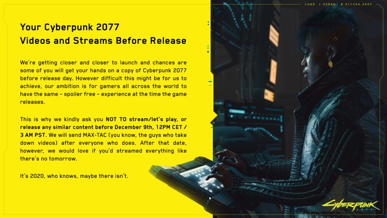 CD Projekt iada, aby ste Cyberpunk 2077 nestreamovali pred 9. decembrom