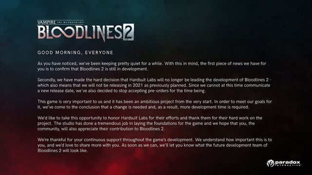 Vampire: The Masquerade Bloodlines 2 nevyjde tento rok, vývojový tím bol vyhodený