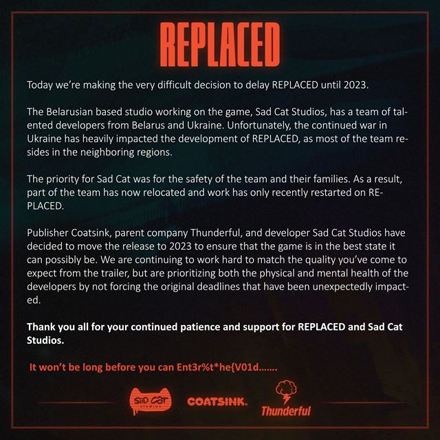 Replaced je ďalšou hrou, ktorá bola odložená na rok 2023