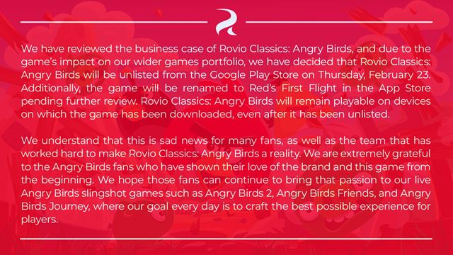 Rovio opäť sťahuje originálnu verziu Angry Birds z digitálnych obchodov