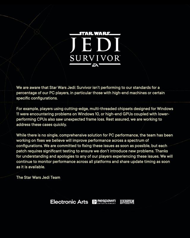 EA vie o problémoch Jedi: Survivor na PC, rieši ich