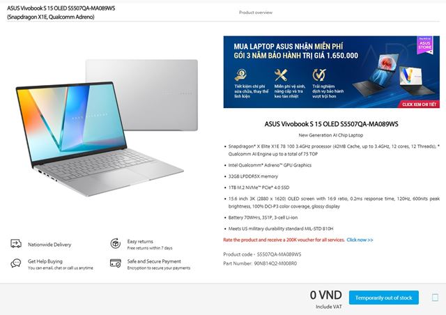 Konfigurácia ASUS Vivobook S 15 noteboku so Snapdragon X Elite procesorom naznačená