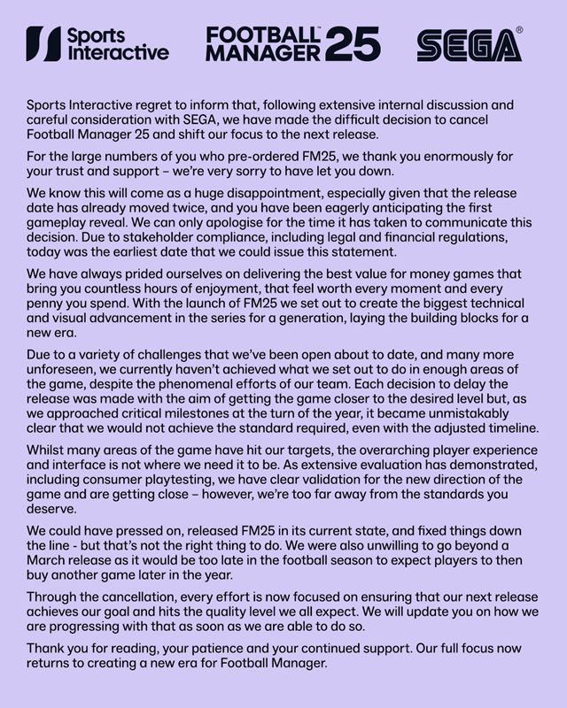 Football Manager 25 bol zrušený