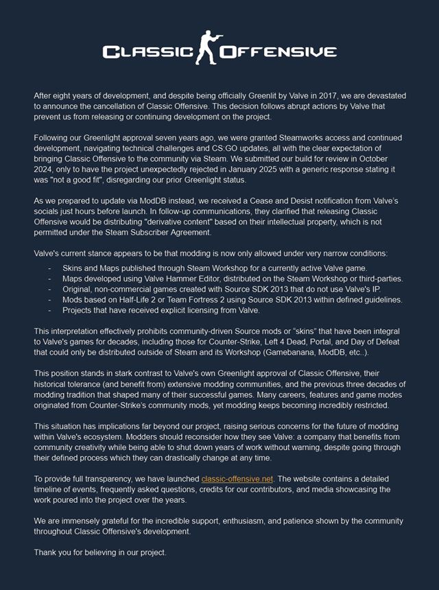 Valve zakázalo mod Counter Strike Classic Offensive napriek predchádzajúcemu súhlasu