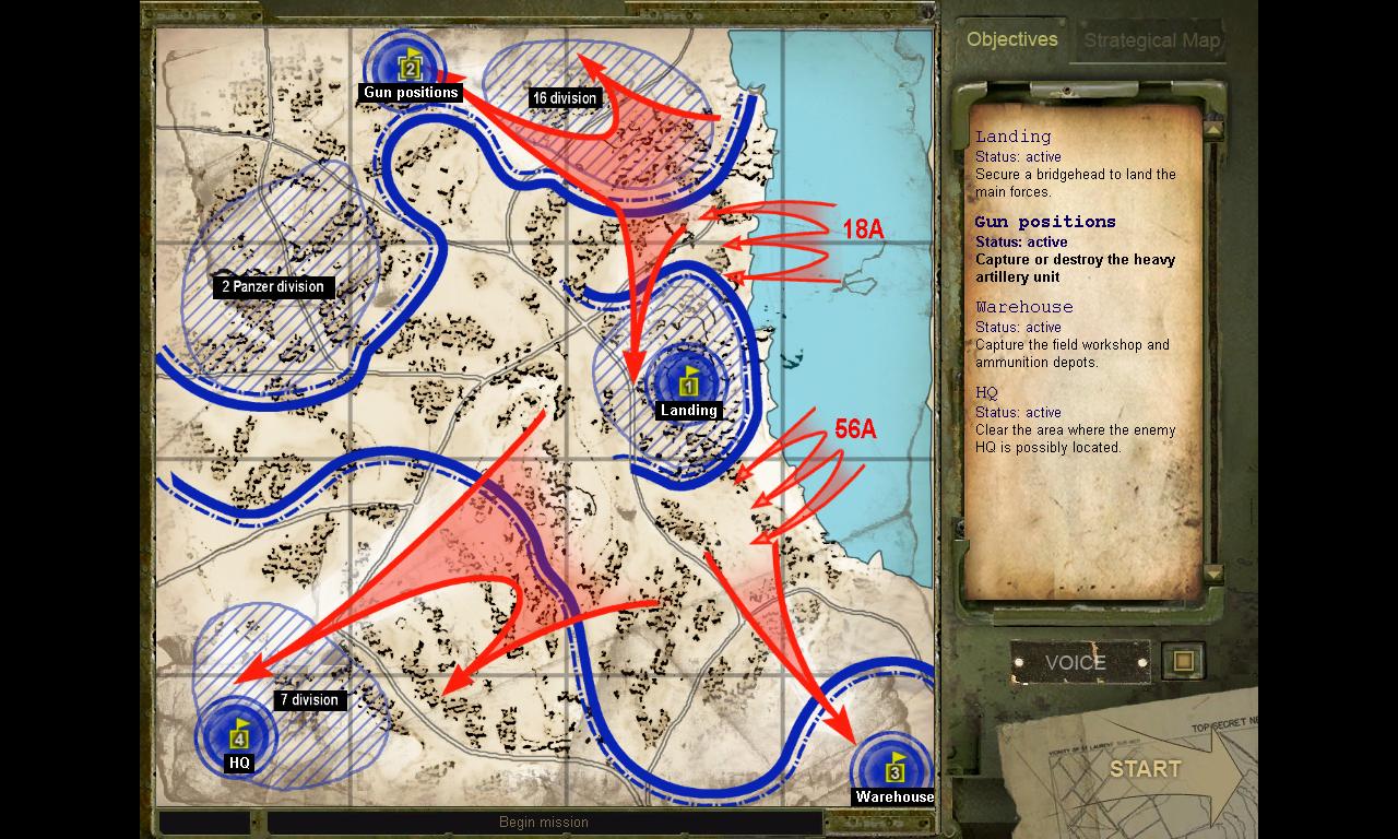 Sudden Strike 3: Arms for Victory Brfing a mapa s pozciami jednotiek.