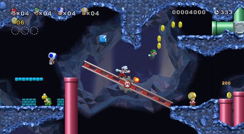 Super Mario Bros. Wii Nhad na druh level s kopou vychytvok - Luigi sa sna doskoi k zelenej rre, ktor vedie k astnej minci.