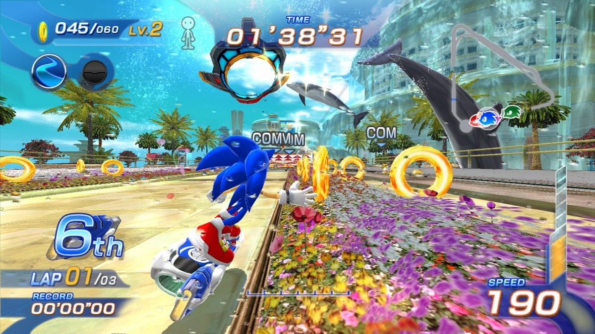 Sonic Free Riders Zbieranie predmetov na trati je problematick.