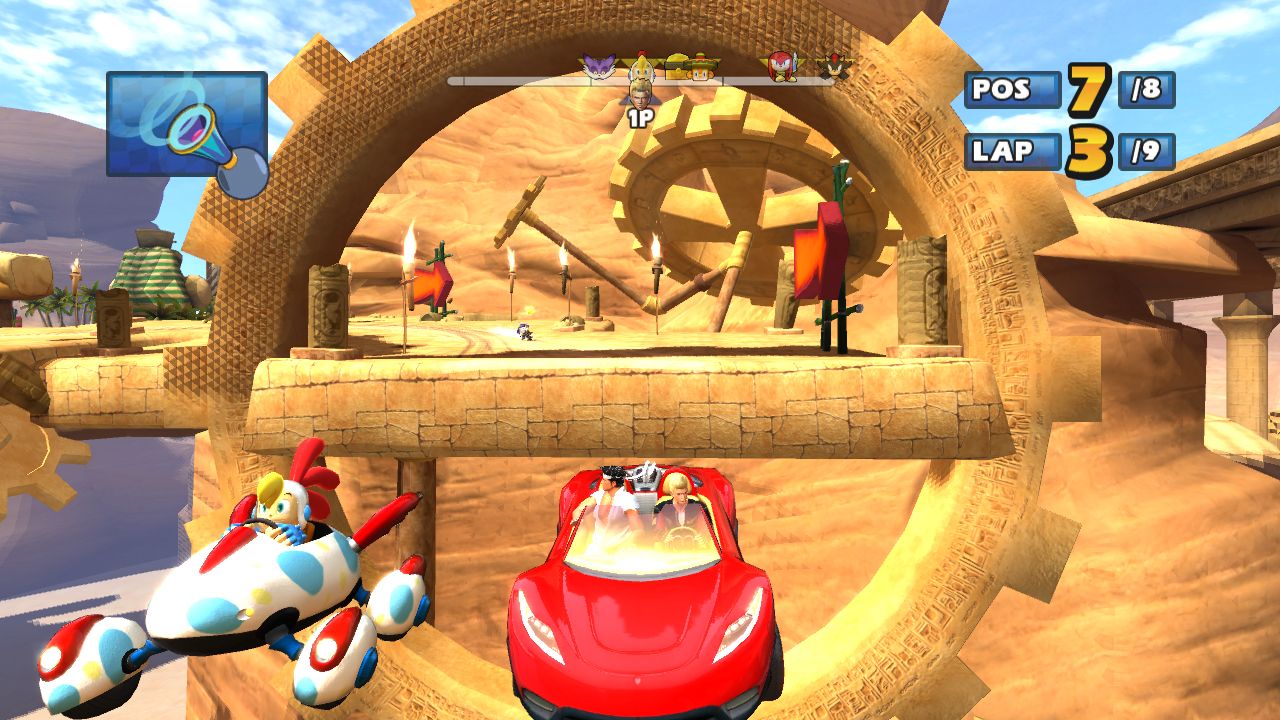 Sonic & SEGA All Star Racing Poas letu mete robi triky a po dopade na vetky koles rchlo akcelerova.