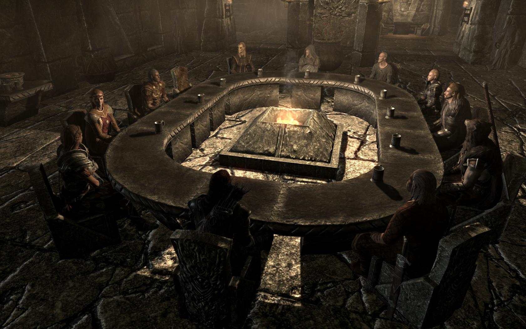 The Elder Scrolls V: Skyrim Dleir rokovanie o osude krajiny za ovlnym stolom.