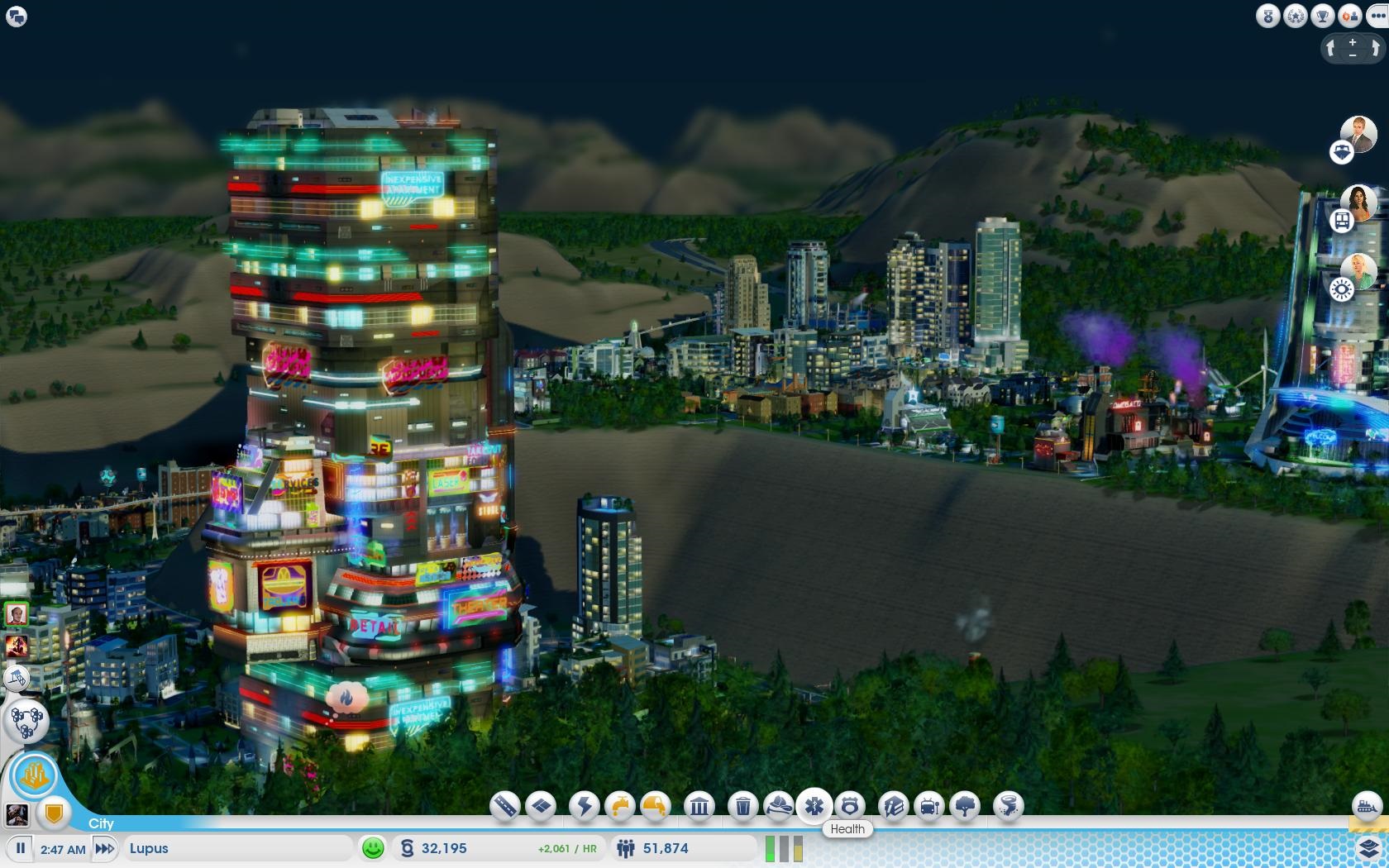 SimCity: Cities of Tomorrow Megavee v noci svietia ako vianon stromek.