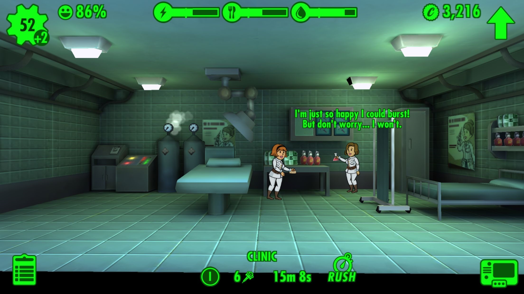 Fallout Shelter as v spodnej asti obrzky ukazuje, za ako dlho bud lieky hotov.