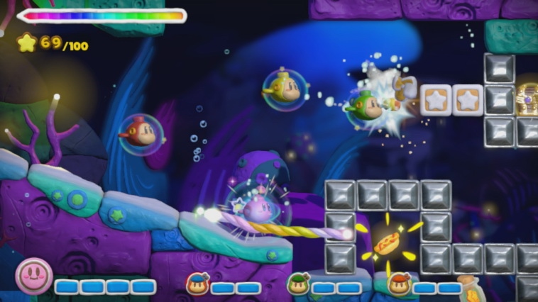 Kirby and the Rainbow Paintbrush Podvodn svet je zbavn a vbec nie spomalen.