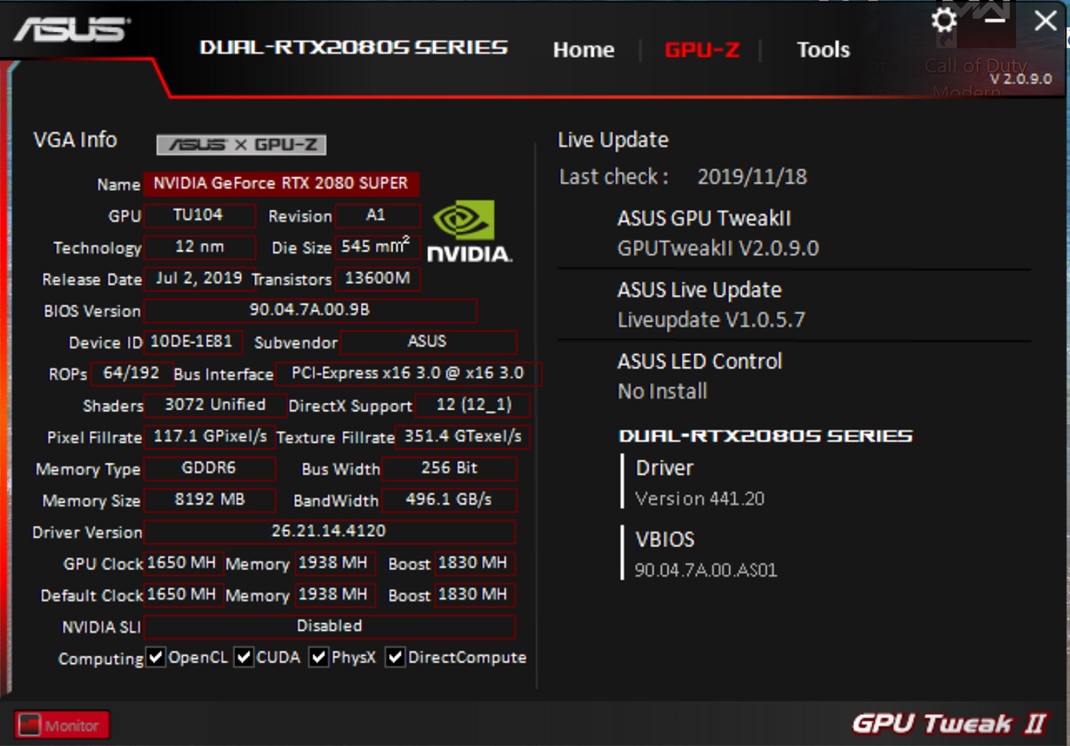 ASUS DUAL RTX 2080 Super EVO  Zapracovan je aj GPU-Z.