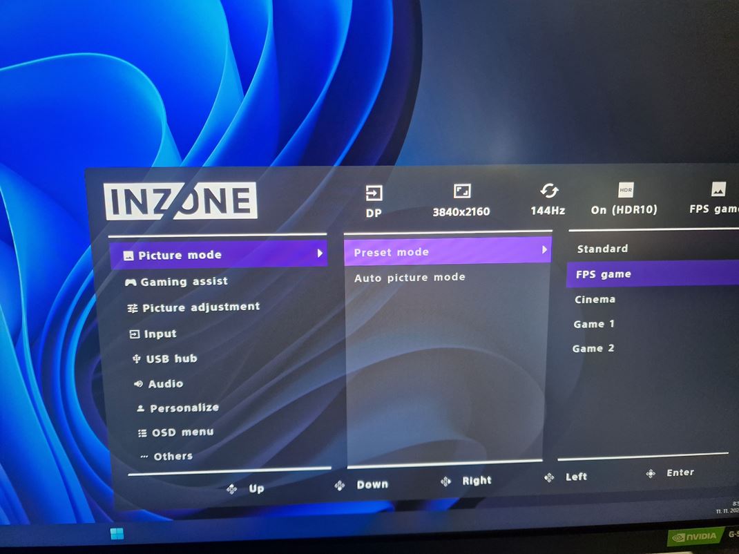 Sony Inzone M9  - 4K/144Hz monitor Menu v monitore je bohat.