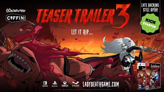 Lady Death Demonicron zachytva drsn hrdinku v boji v komiksovom tle