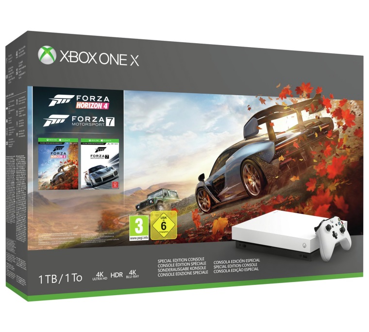 Biely Xbox One X prde aj s Forzou Horizon 4 a Forzou Motorsport 7