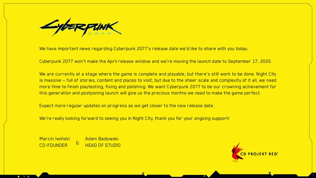 Cyberpunk 2077 bol prve odloen na september  