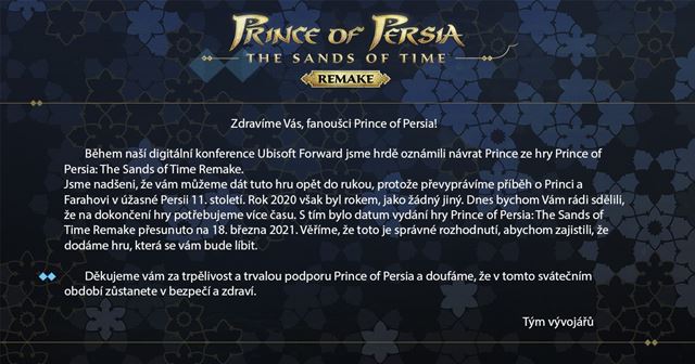 Ubisoft odklad Prince of Persia: Sands of Time Remake 