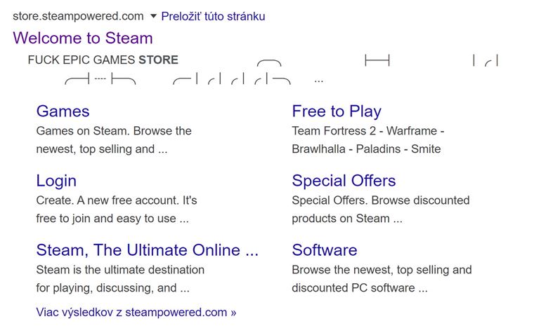 Google zobrazuje Steam s popisom ''Fuck Epic Games Store''