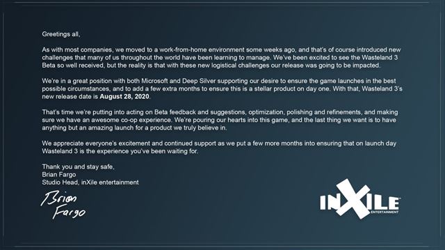 Wasteland 3 bol odloen na 28. augusta  