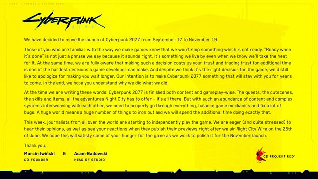 Cyberpunk 2077 bol odloen na november!  