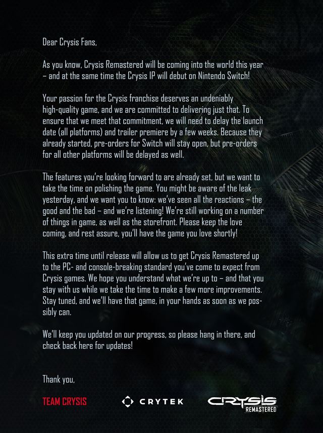 Crytek odloil Crysis Remastered 