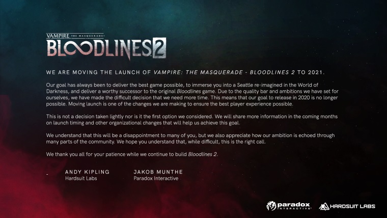 Vampire: The Masquerade - Bloodlines 2 bol odloen na rok 2021