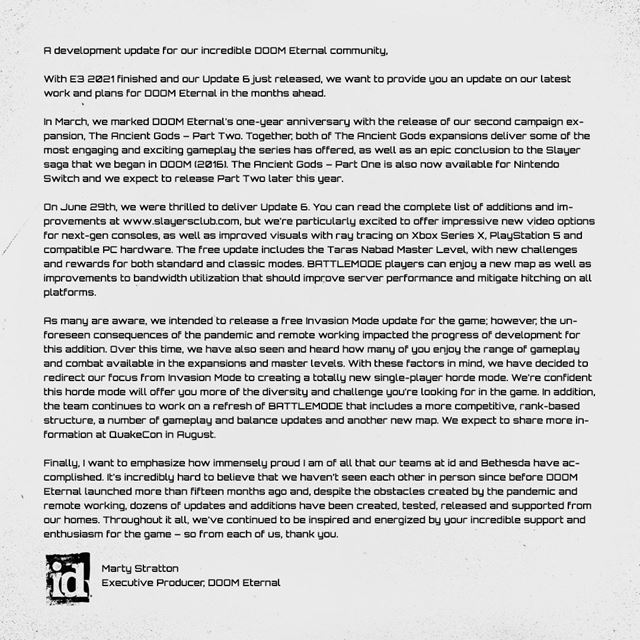 Doom Eternal nedostane multiplayerov Invasion reim, namiesto neho pribudne singleplayerov horda  