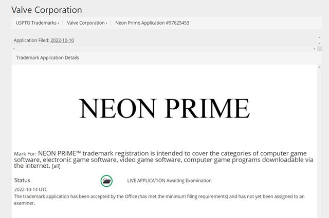 Valve si zaregistrovalo zna�ku Neon Prime 