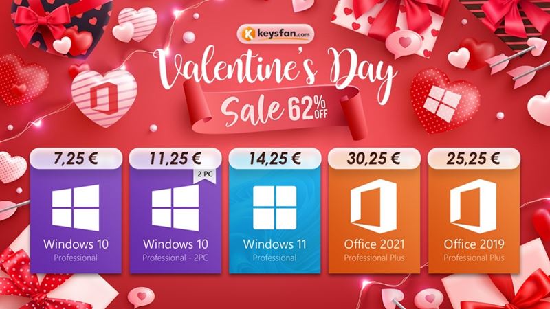 Valentnske zavy na Keysfan: Windows od 7.25 a zavy a do 62% na Office a al Microsoft softvr