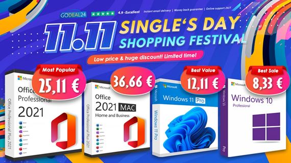 V�predaj Godeal24 Singles' Day s �asovo obmedzen�m lacn�m Office 2021 a Windowsom 10 od 7,11 �！