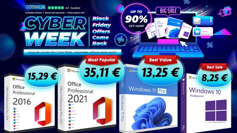 Godeal24 Cyber Week 2024: Odomknite bezkonkurenn ponuky na Microsoft Office a Windows 11 u od 10 !