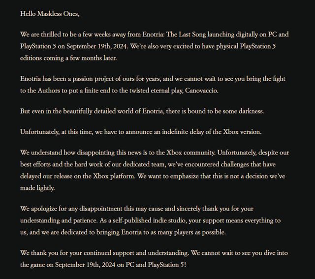 Enotria: The Last Song hra bola na Xboxe odloen  