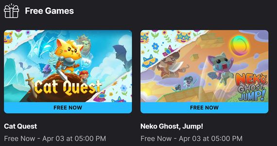 Epic rozdva Cat Quest a Neko Ghost Jump! na PC a Evoland 2 a Out There  na mobiloch