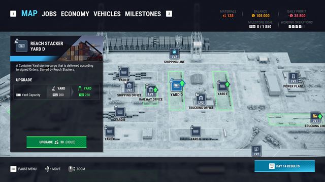 Docked v�s zamestn� v pr�stave a pon�kne r�zne pracovn� stroje na prepravu n�kladov 