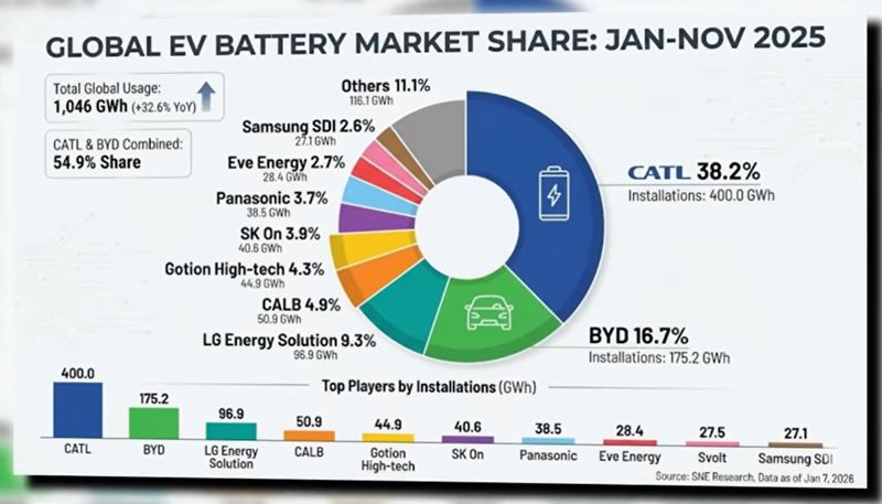 Globálny trh batérií pre elektromobily narástol v roku 2025 o tretinu, dve čínske firmy majú viac ako polovicu trhu.