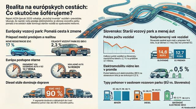 Vozový park v Európe sa mení, elektromobily majú v premávke 2,3 % a autá ďalej starnú. Na Slovensku je áut menej. 