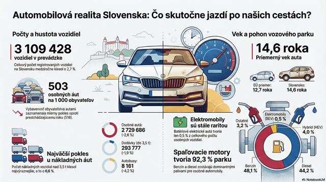 Vozový park v Európe sa mení, elektromobily majú v premávke 2,3 % a autá ďalej starnú. Na Slovensku je áut menej. 