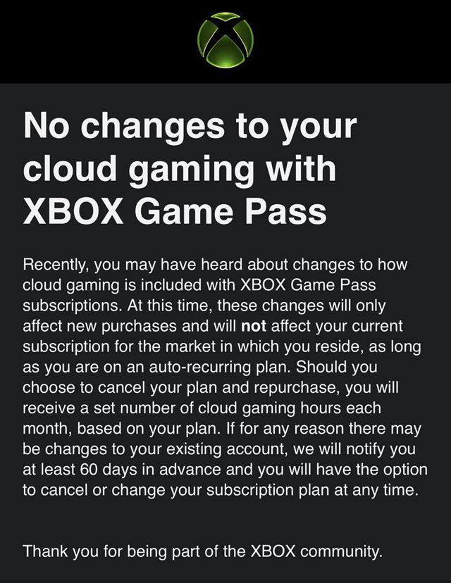 XBOX mailom potvrdzuje existuj�cim predplatite�om, �e sa ich limity cloudov�ho hrania zatia� net�kaj� 