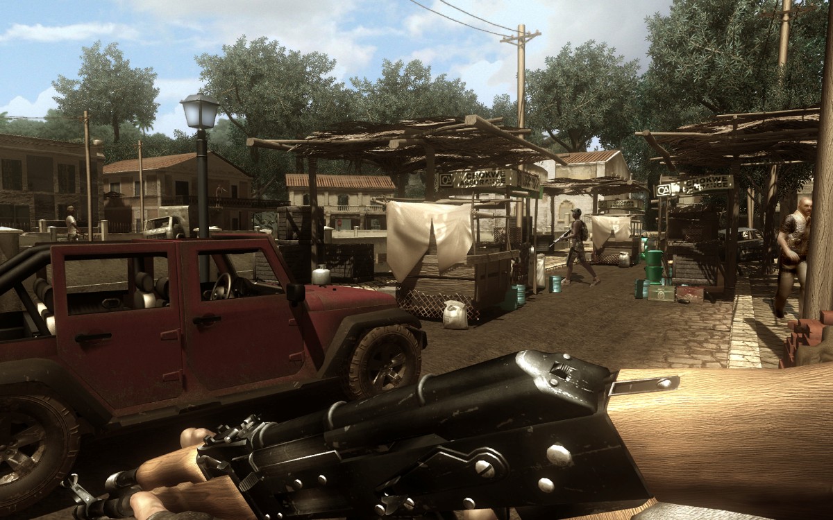 Far Cry 2 V hlavných osadách je prísny zákaz použitia zbrane. To preto tá sklopená hlaveň.
