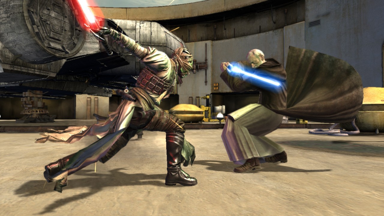 Star Wars: Force Unleashed  Ultimate Sith Edition Kenobi sa obetuje, aby Milenium Falcon mohol odletie z Tatooinu.