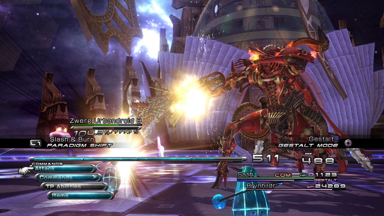 Final Fantasy XIII Sazh so svojm Eidolonom v akcii zaskruje kopu hit pointov.