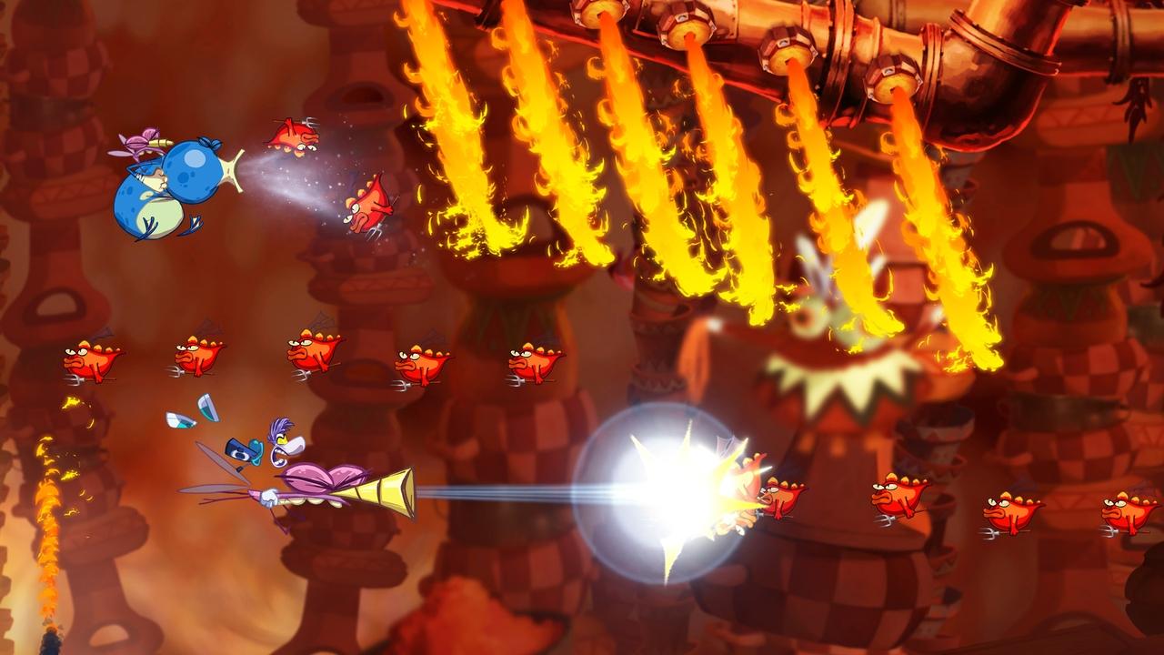 Rayman Origins Komáre dokážu prehltnúť potvoru a vystreliť ju ako najsilnejší projektil.
