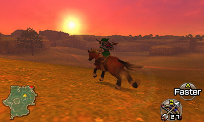 The Legend of Zelda: Ocarina of Time 3D Cvla oproti zpadu slnka nebudete hne na zaiatku hry, cesta k Epone je nostalgicky krsna.