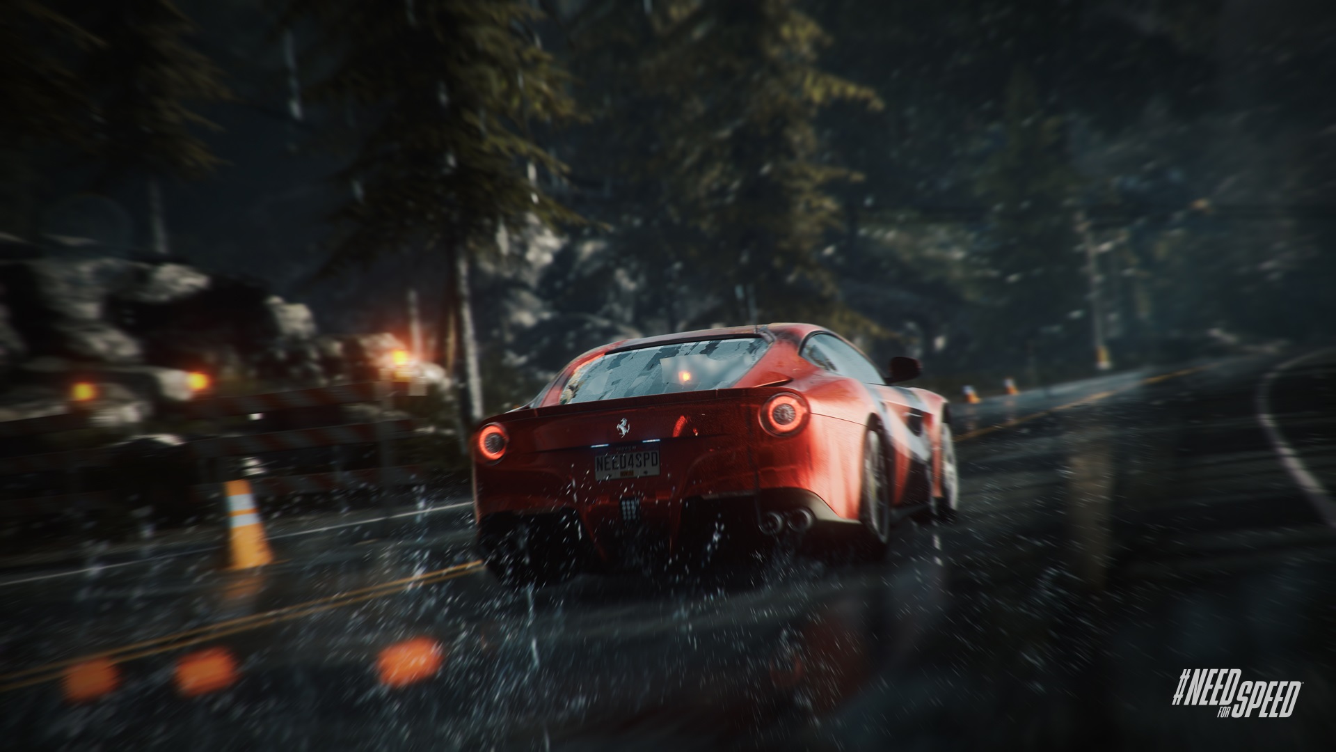 Need For Speed: Rivals Jazda vo Ferrari v tme za daa po lesnch cestch je adrenalnovm zitkom, hoci povrch vozovky nem vplyv na ovldanie.