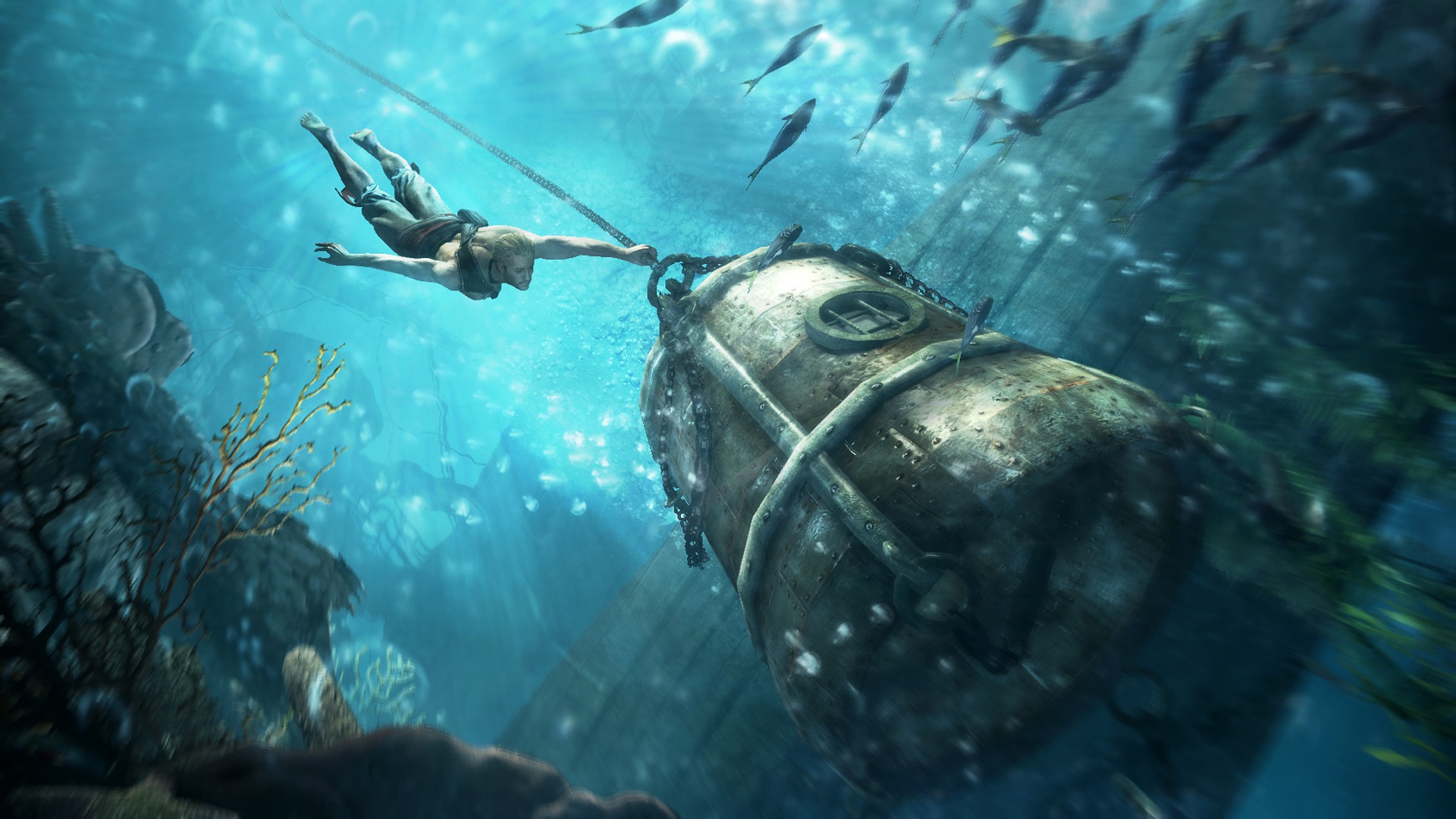 Assassin's Creed IV: Black Flag Rabovanie potopených vrakov lodí sťažujú žraloky.