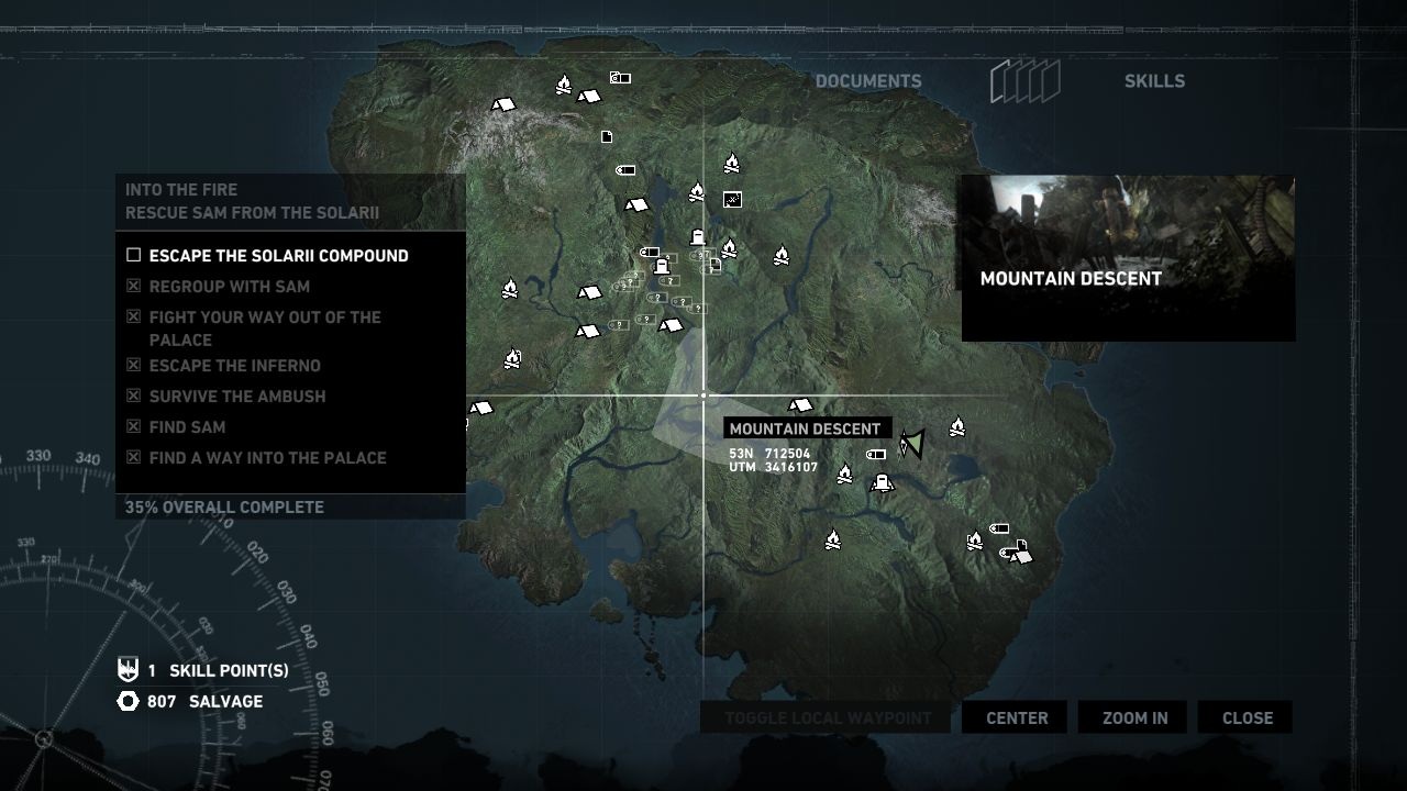 Tomb Raider Mapa ostrova ukazuje rozsiahlosť, vzhľadom na uzavreté prostredia je viac menej zbytočná.