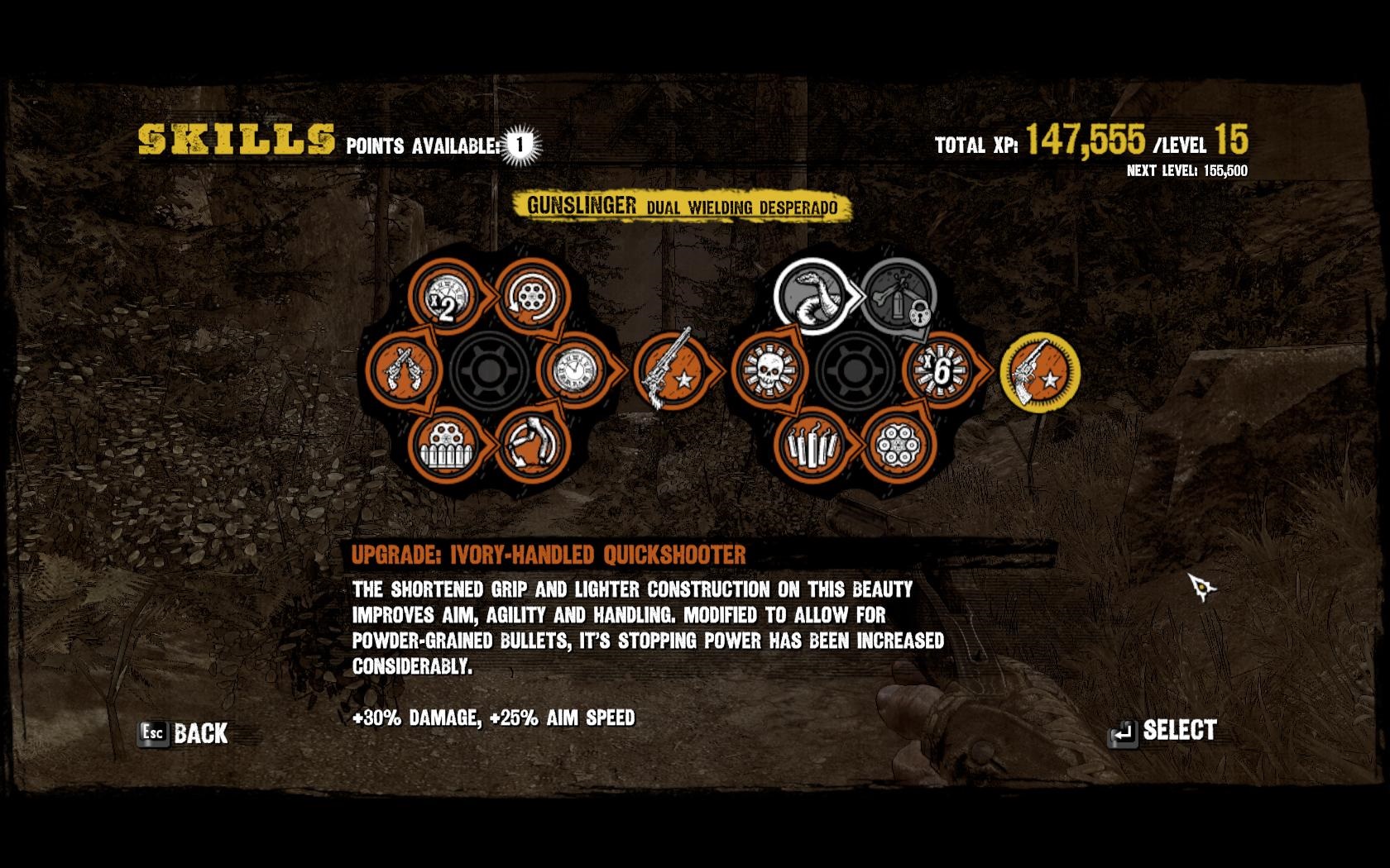 Call of Juarez: Gunslinger Pri postupe sa zlepšujete v troch odvetviach so štýlovo triedenými schopnosťami.