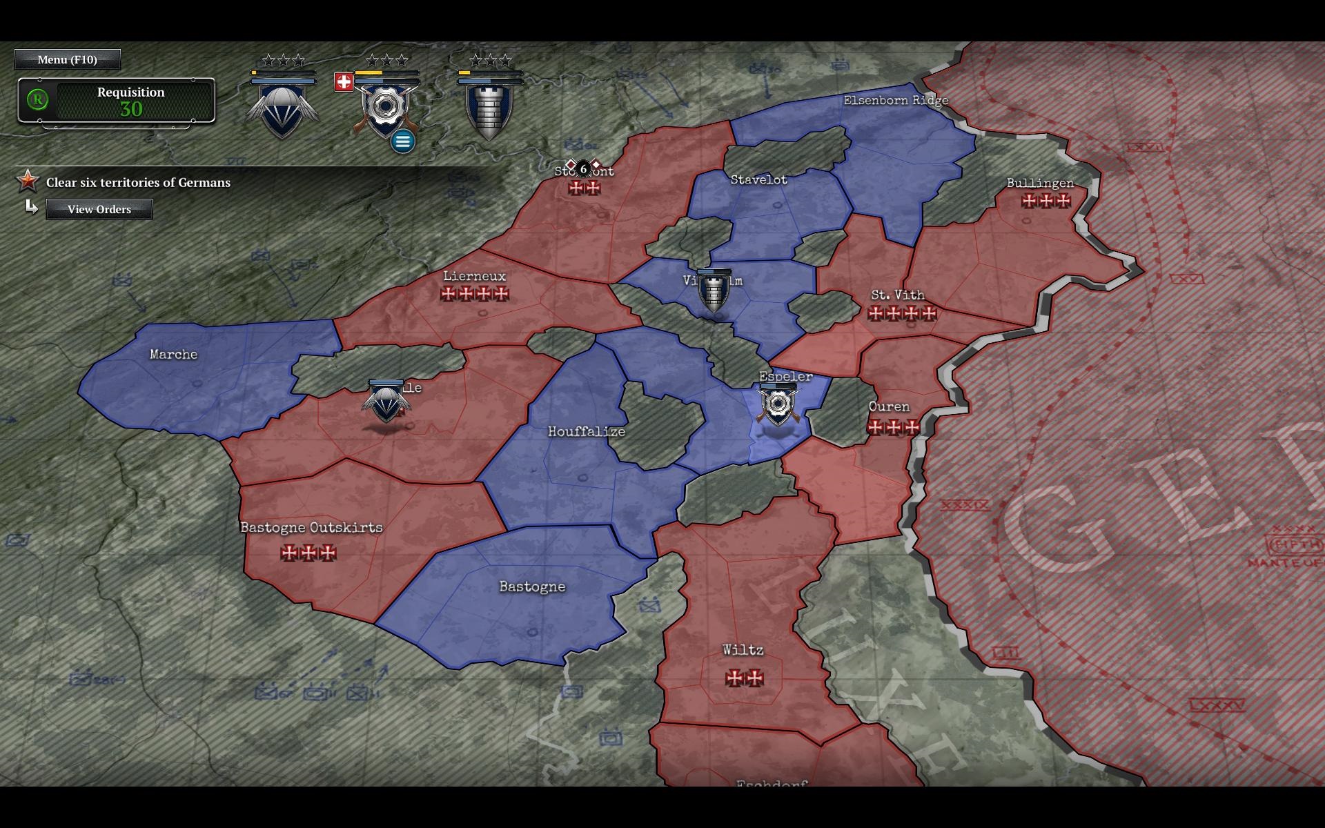 Company of Heroes 2: Ardennes Assault Červené územia sú nepriateľské a kríže označujú silu protivníka.