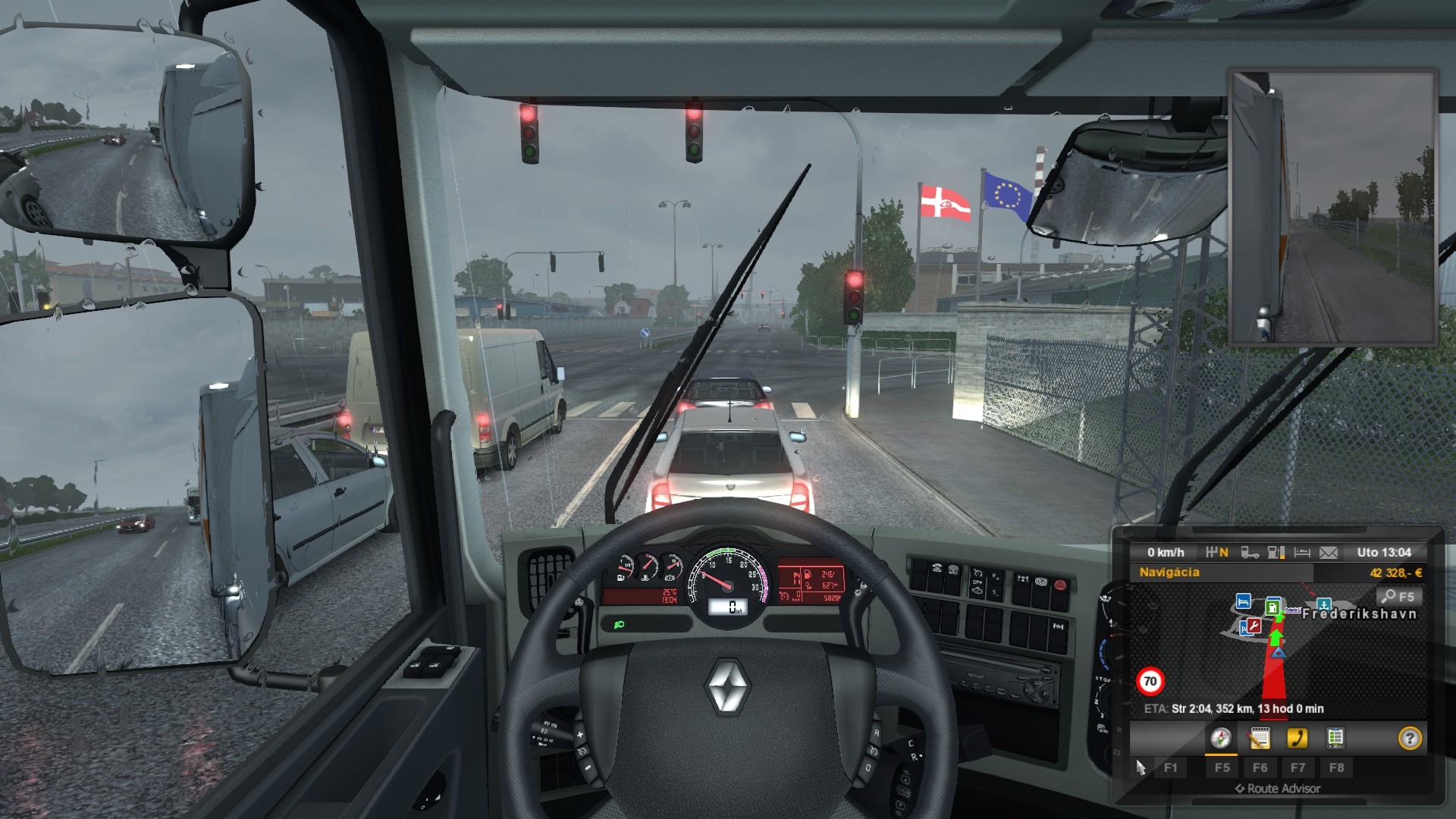 Euro Truck Simulator 2: Scandinavia Stieračie stierajú, klaksón trúbi, smerovky blikajú.